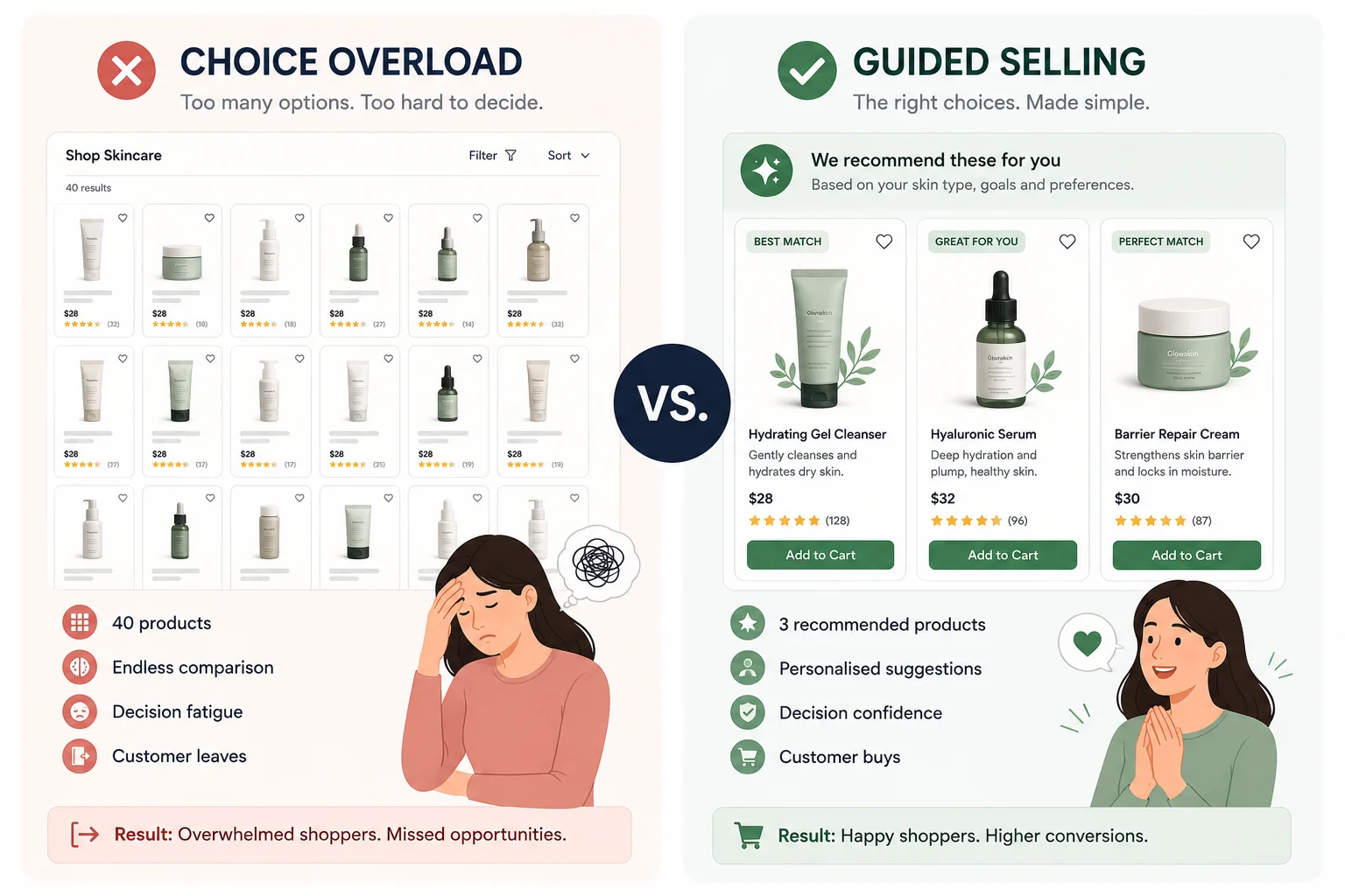 Comparison between choice overload and guided selling, showing how personalised recommendations improve customer confidence and conversion rates.