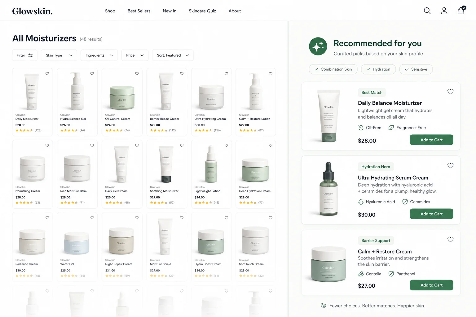 Side-by-side comparison of a cluttered ecommerce collection page versus a curated shopping experience with fewer recommended products.