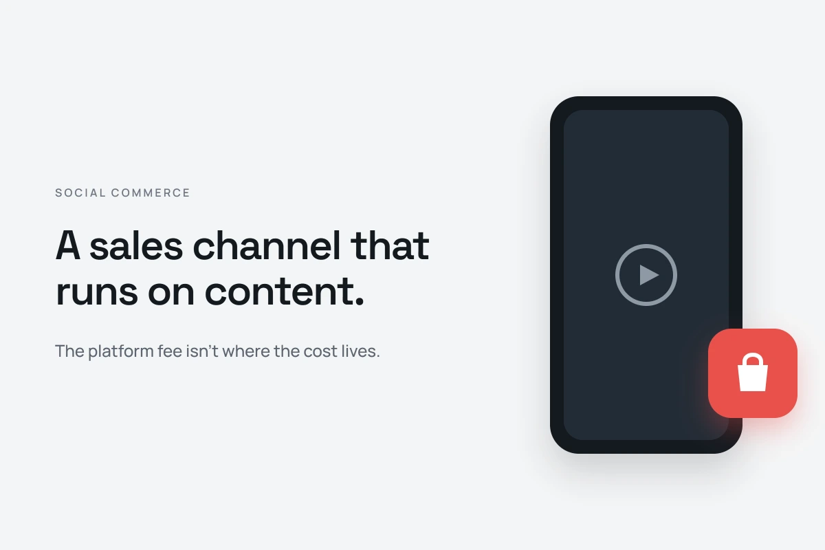 Title card reading a sales channel that runs on content, beside a phone showing a video play button with a shopping bag badge.