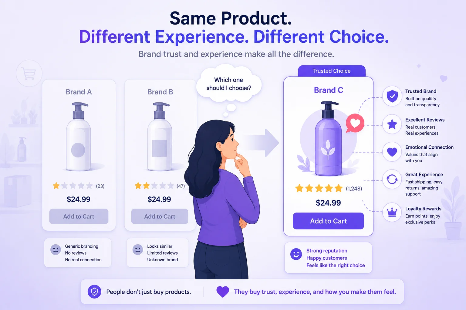 Customer choosing between similar ecommerce products based on brand trust, customer experience and reputation