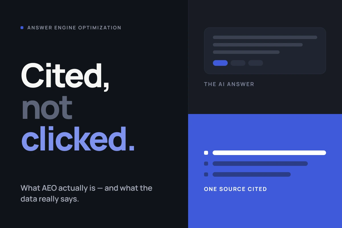 Title card reading cited, not clicked, beside a mocked-up AI answer in which only one source is highlighted as cited.