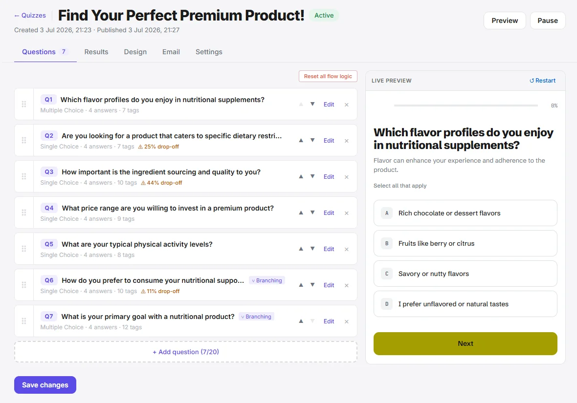 The Suggesto quiz builder: a list of quiz questions with branching logic and drop-off analytics, beside a live preview of the quiz.